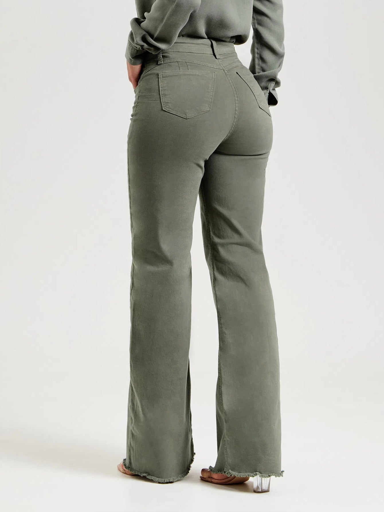 Shape Fitting Stretch Fashion Solid Color Frayed Flared Pants