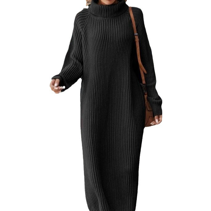 Long Below The Knee Loose High Collar Knitted Dress