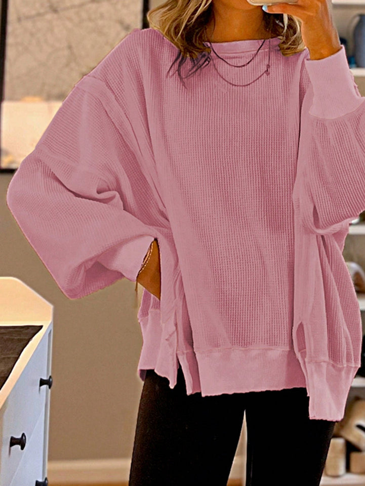 Boho Retro Vintage 90's Cotton Vanilla Beige Pink Drop Shoulder Oversized Bishop Sleeve Side Slit Knit Top Crinkled Patchwork Sweat Shirt Pullover