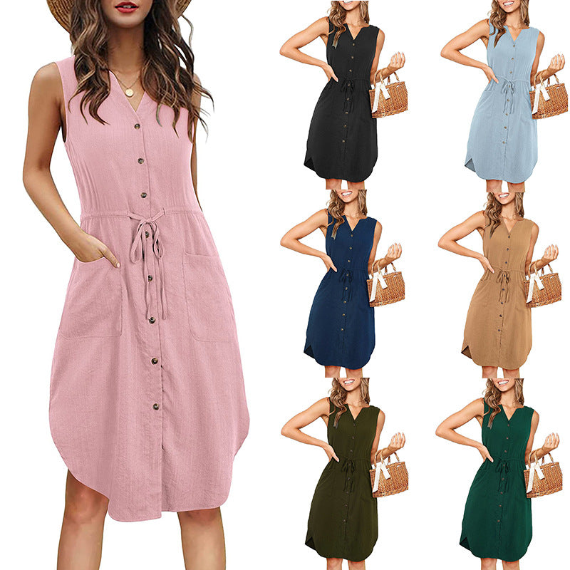 Akatonbo Sleeveless V-Neck Buttoned Dress With Pockets Fashion Casual Waist Tie Design Summer Dress Womens Clothing