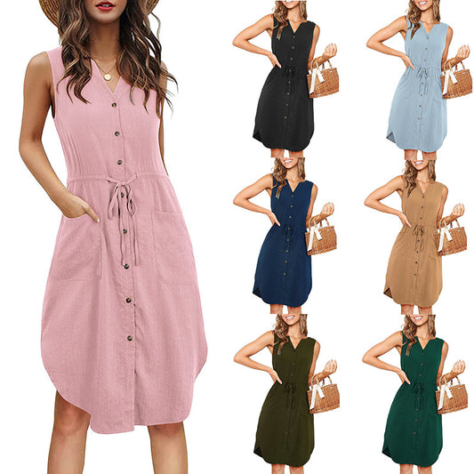 Akatonbo Sleeveless V-Neck Buttoned Dress With Pockets Fashion Casual Waist Tie Design Summer Dress Womens Clothing