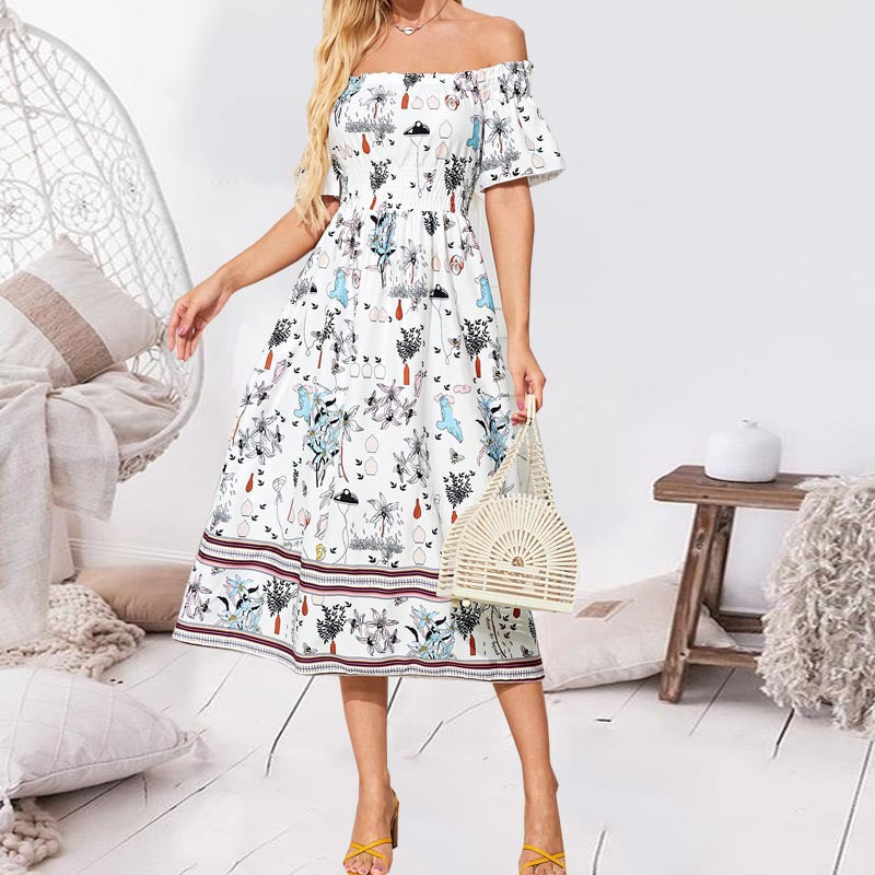 One-Line Neck Fitted Dress Printed Swing Skirt