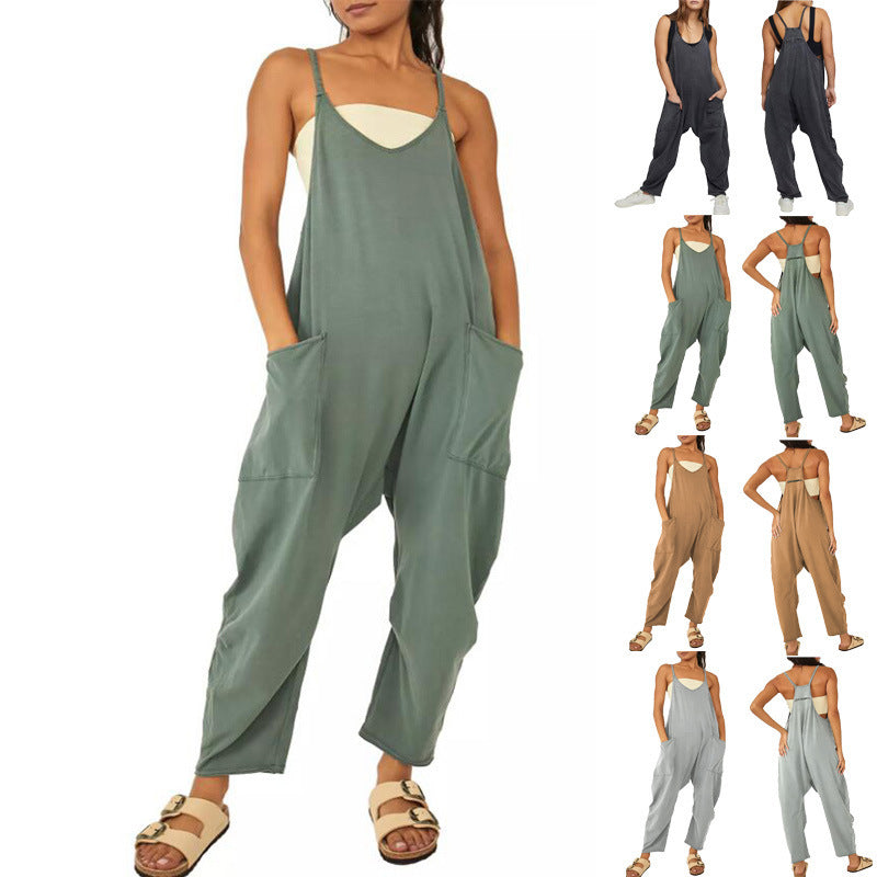 Akatonbo Summer Women'S Loose Sleeveless Jumpsuits Spaghetti Strap Long Pant Romper Jumpsuit With Pockets Zipper