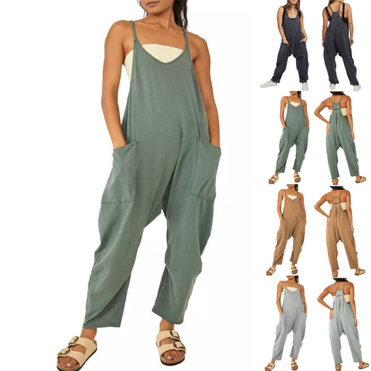 Akatonbo Summer Women'S Loose Sleeveless Jumpsuits Spaghetti Strap Long Pant Romper Jumpsuit With Pockets Zipper
