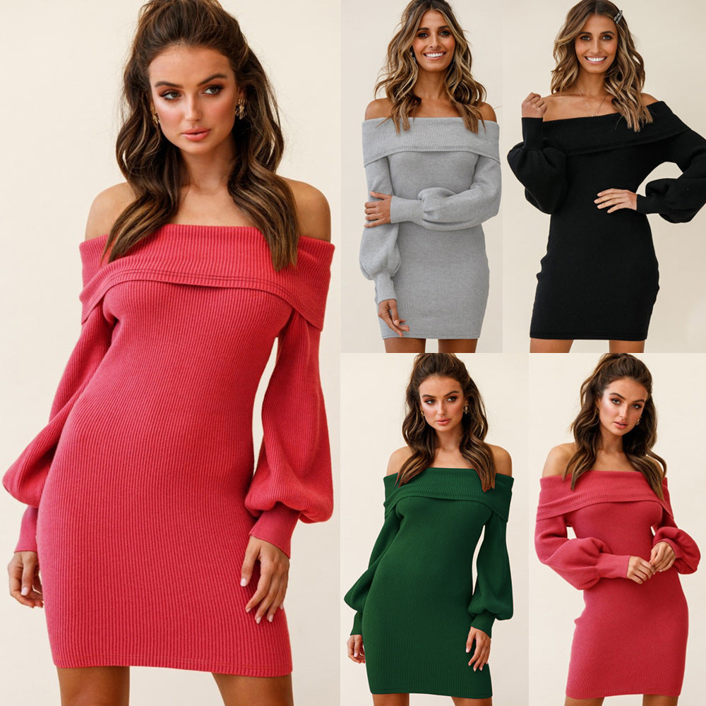 Akatonbo Knit Off Shoulder Lantern Sleeve Dress
