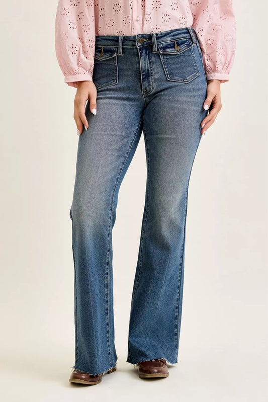 Shop Judy Blue Mid Rise Flare Jeans with Front Flap Pockets - Women's Fashion | Akatonbo