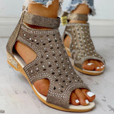 Rhinestones Sandals Summer Peep-toe Hollow Out Shoes With Back Zip Design