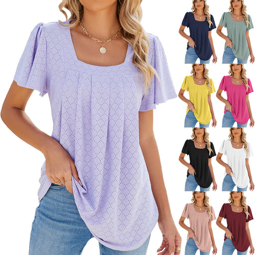 Summer Square Neck Pleated Short-sleeved T-shirt Loose Solid Color Ruffled Hollow Design Top