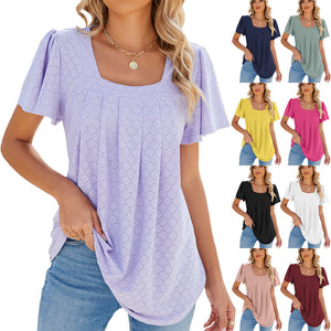 Summer Square Neck Pleated Short-sleeved T-shirt Loose Solid Color Ruffled Hollow Design Top