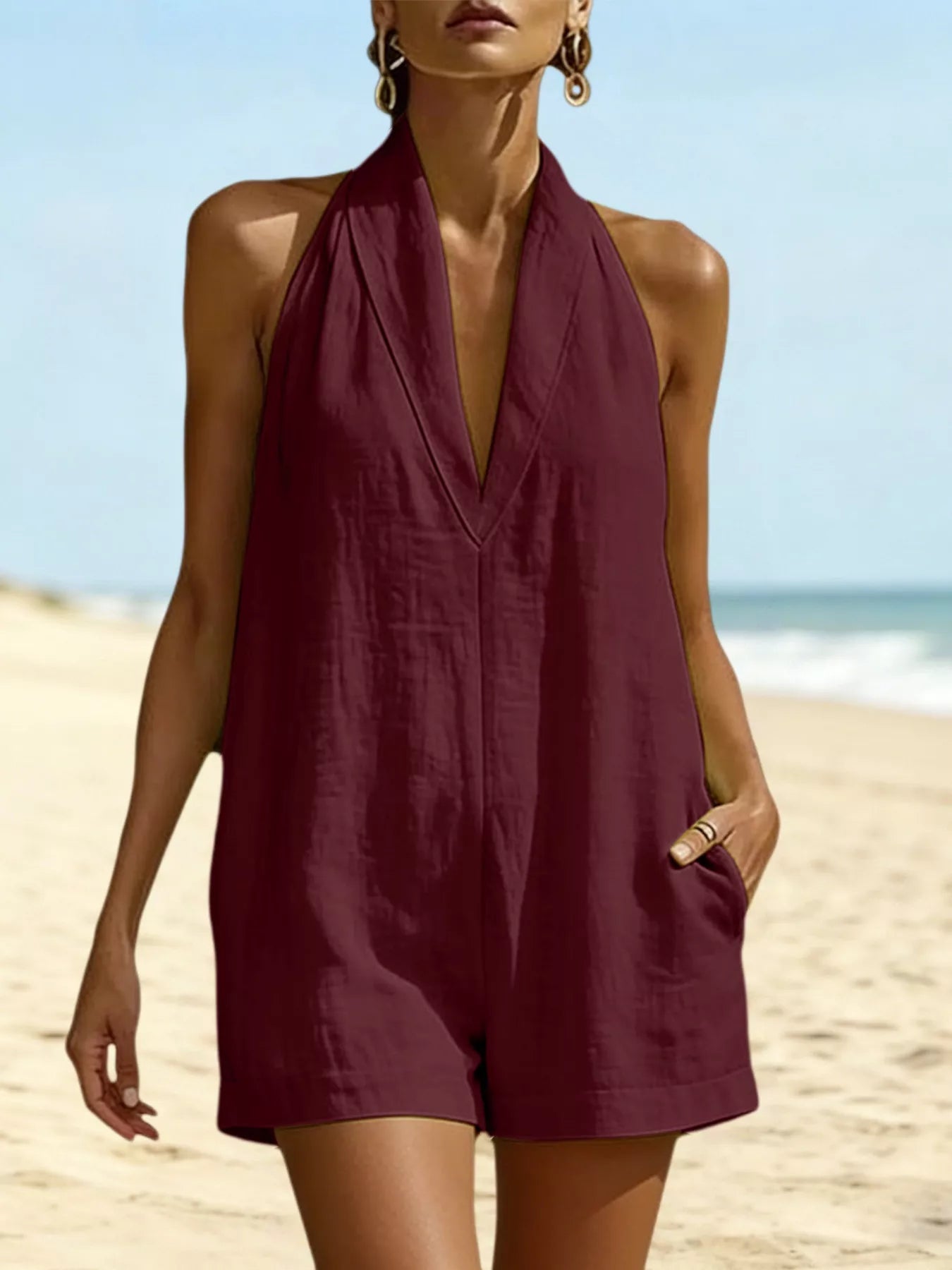 Shop Halter Neck Romper with Pockets - Women's Fashion | Akatonbo