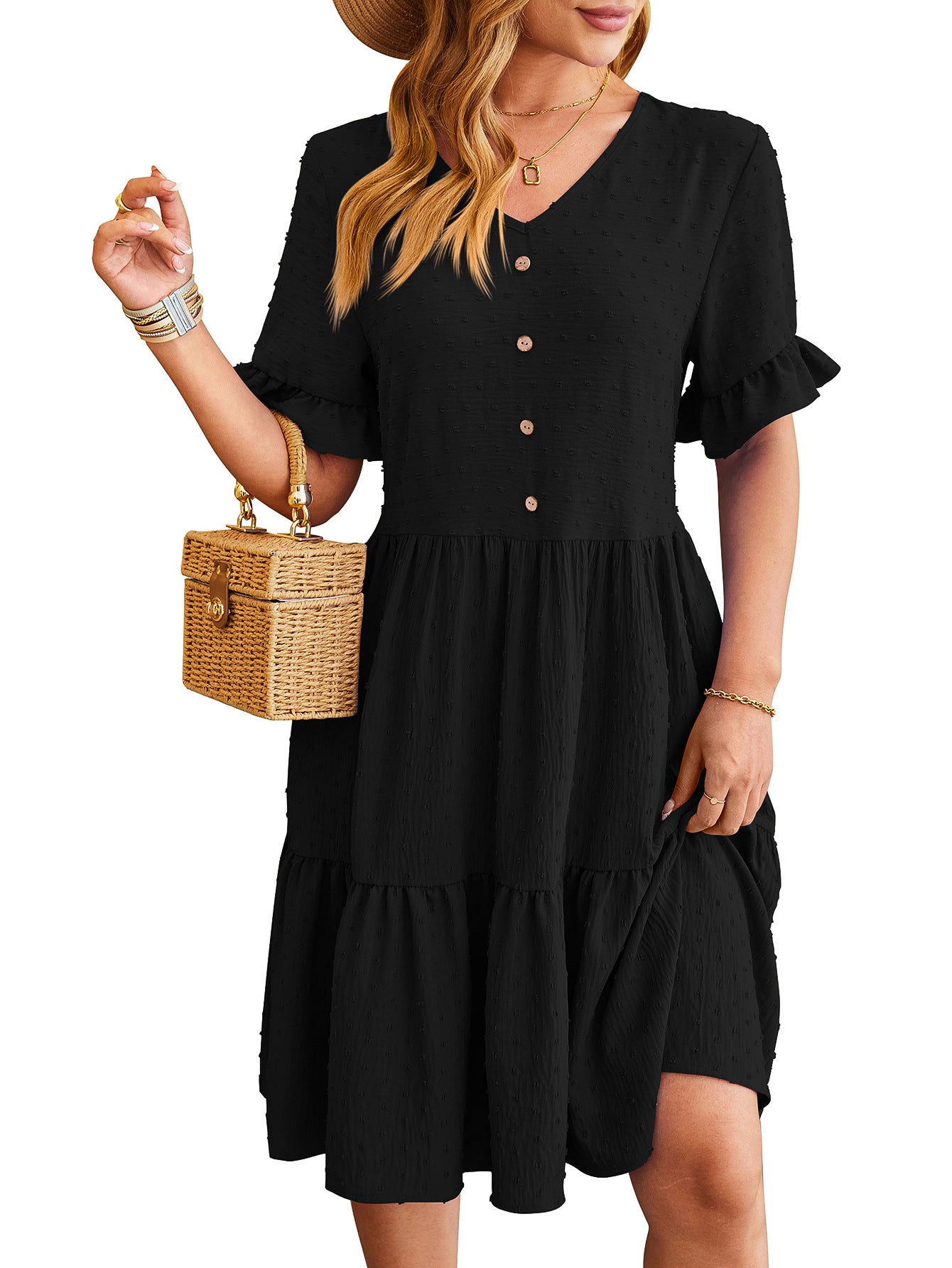 Nouvelle Robe d'Été Décontractée à Col en V et Volants, Manches Courtes, Boutons, Jacquard, Plissée, Couleur Unie pour Femme