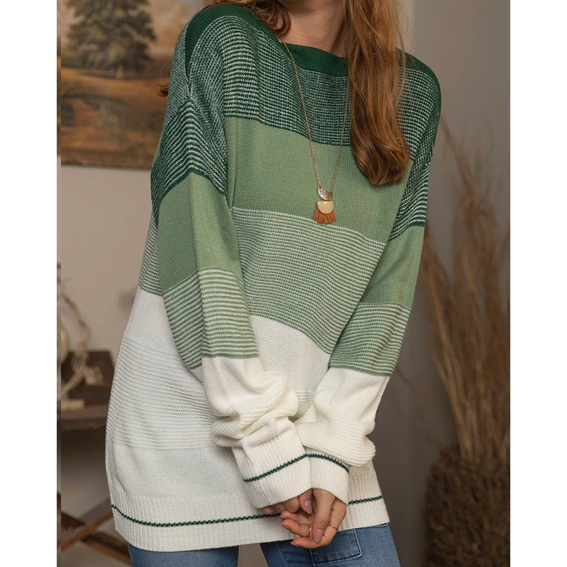 Women's Gradient Striped Color Matching Sweater Loose Green Sweater