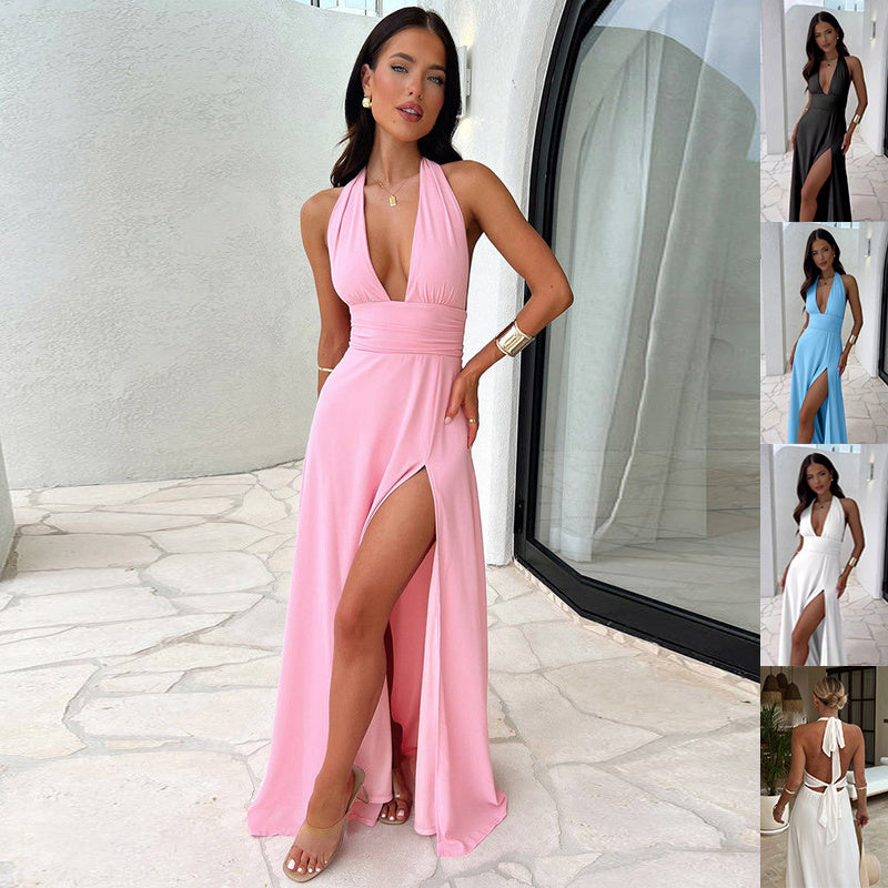 Robe sexy dos nu fendue à col en V, style bretelles d'été, tempérament élégant pour femme