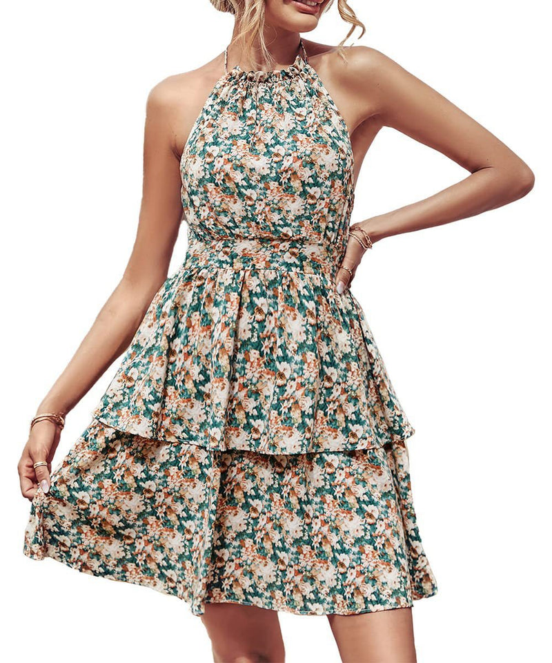 Summer Printed Halter Dress Fashion Boho Backless Ruffled A-Line Beach Dress