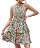Summer Printed Halter Dress Fashion Boho Backless Ruffled A-Line Beach Dress