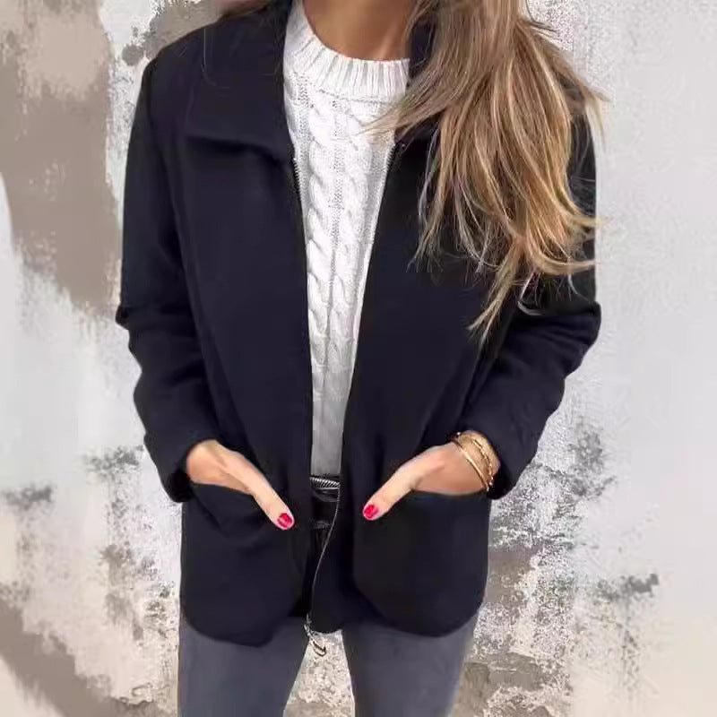 Lapel Zipper Jacket With Pockets Fashion Solid Color Coat Fall Winter Women's Clothing