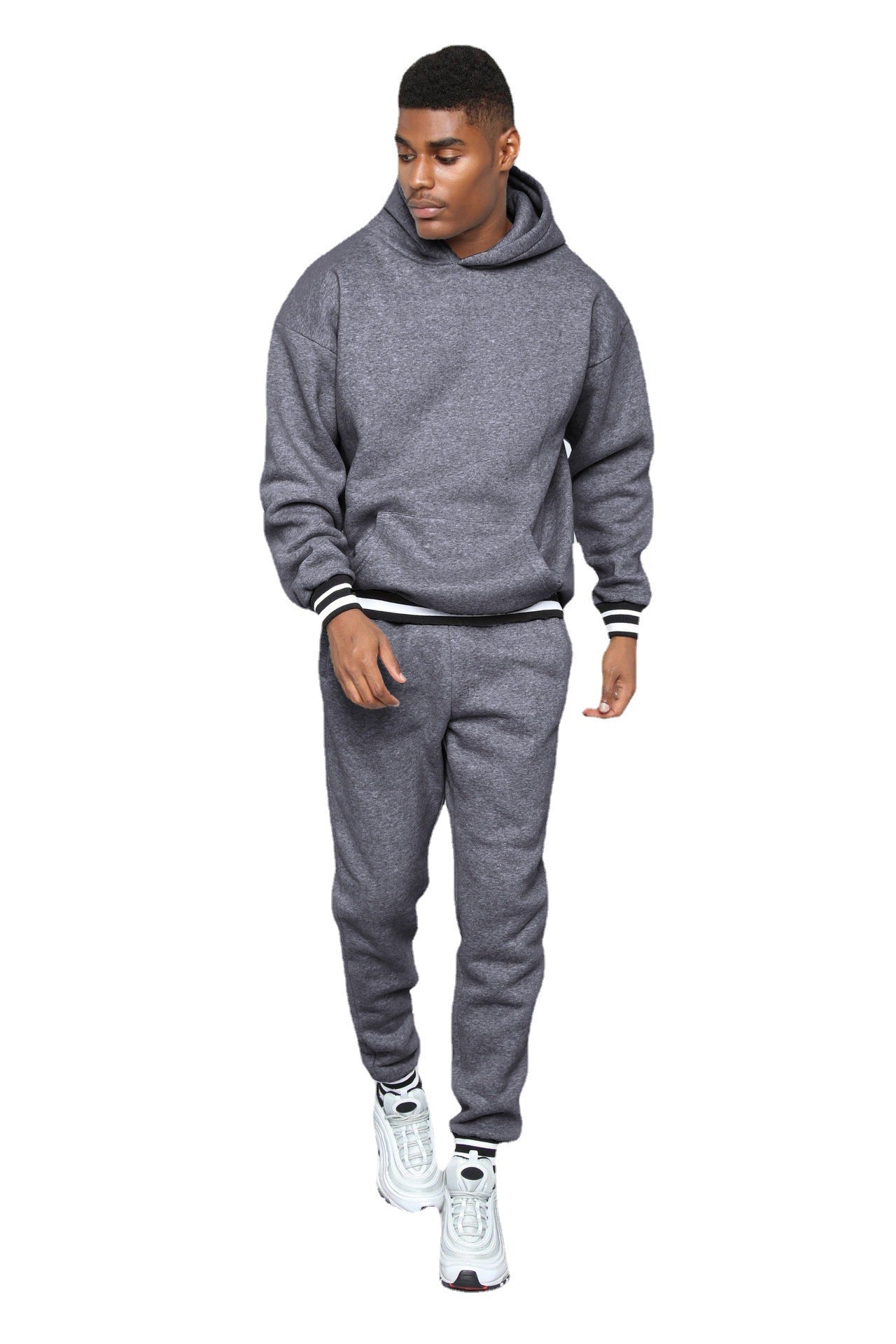 Screw Type Contrast-color Stitching Sweatshirt Men's Two-piece Set Hooded Casual Sports Suit