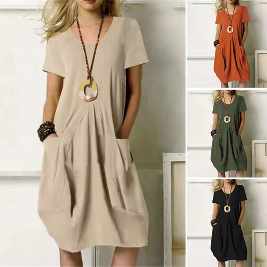 Akatonbo Women'S Dress With Pockets Cotton Linen Solid Color Loose Round Neck Short Sleeve Dress Summer