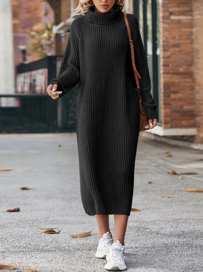 Long Below The Knee Loose High Collar Knitted Dress