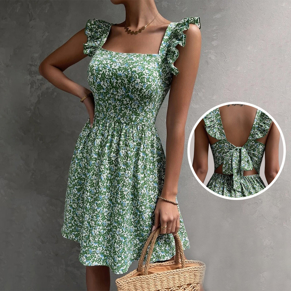 Robe d'été sans manches à encolure carrée et volants, avec dos nu et nœud papillon, style décontracté et mode, parfaite pour les vacances à la plage. Vêtements pour femmes.