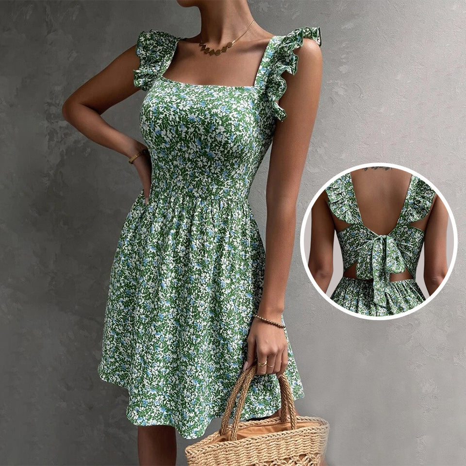Summer Square-Neck Ruffled Sleeveless Dress With Bow-Tie Backless Design Fashion Casual Holiday Beach Dresses For Womens Clothing