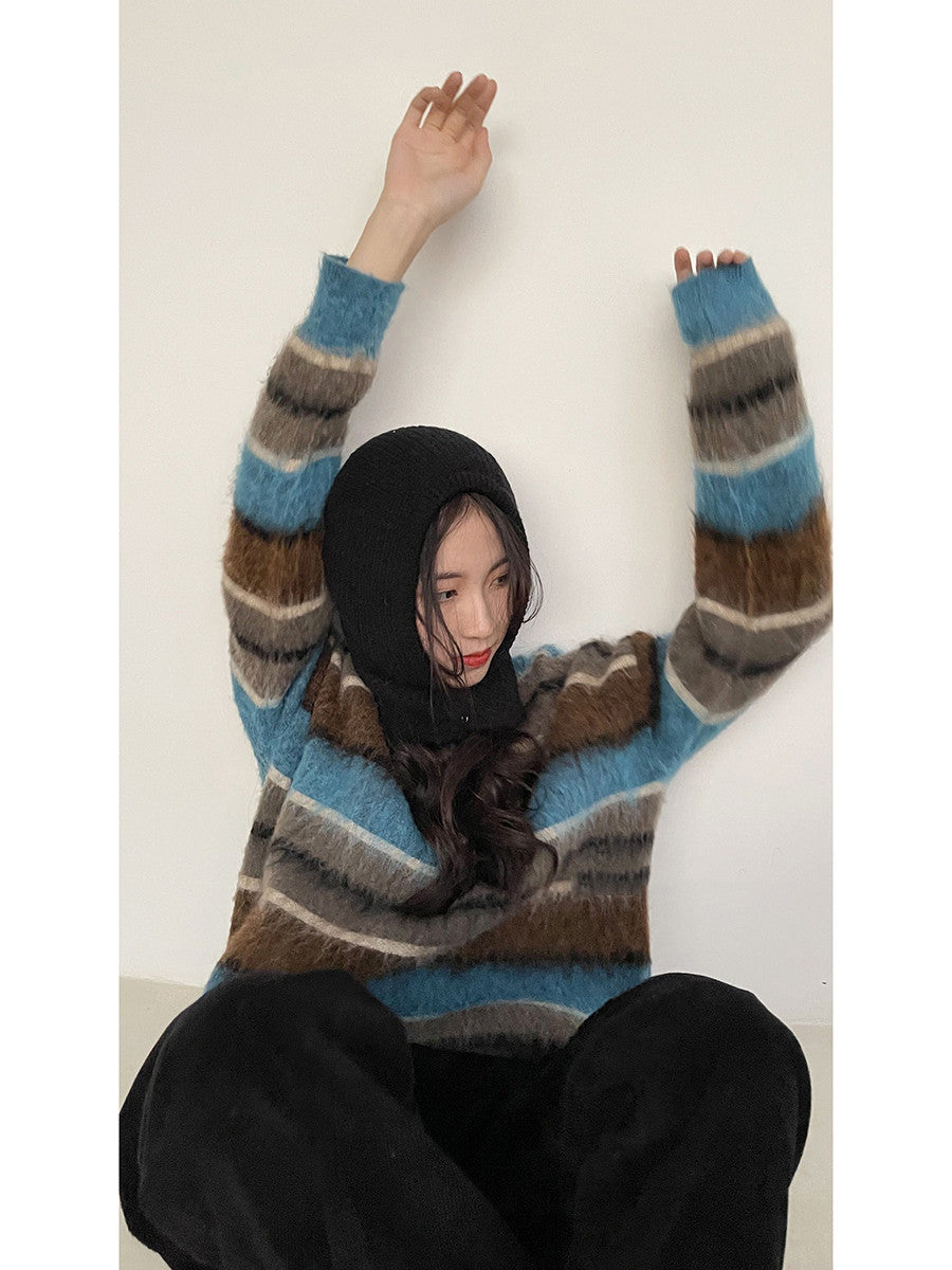 Women's Blue Striped Round Neck Loose Knitted Sweater