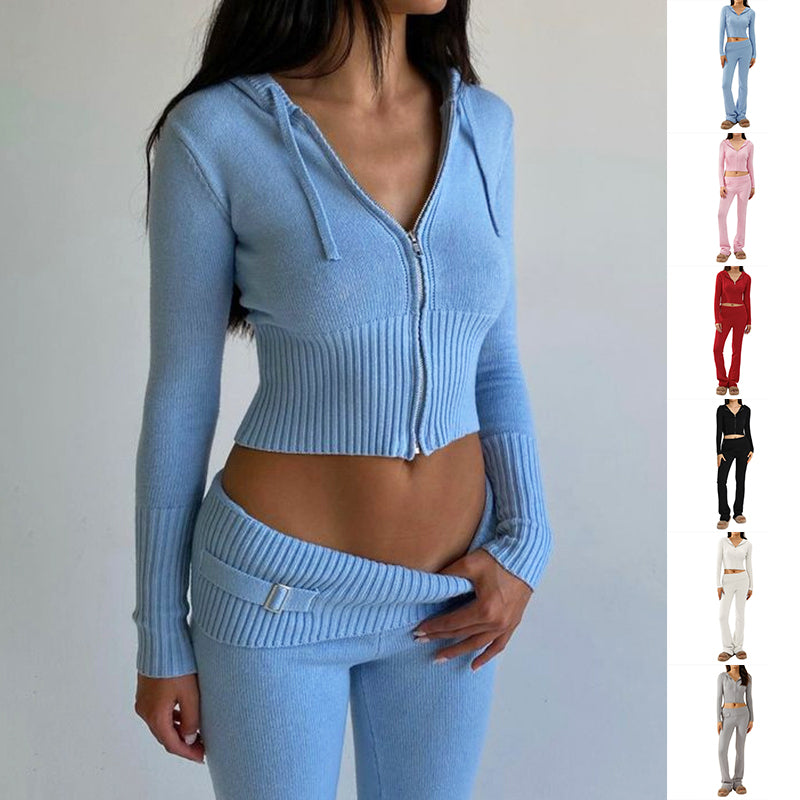 Akatonbo Hoodie Suit Women Leisure Sexy Zip Long Sleeve Sweater And High Waist Long Pants Set