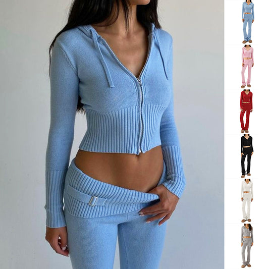 Akatonbo Hoodie Suit Women Leisure Sexy Zip Long Sleeve Sweater And High Waist Long Pants Set