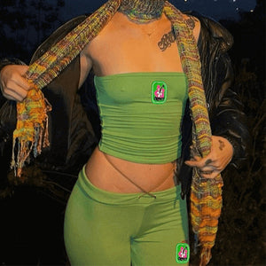 Summer Suit Embroidery Tube Top And High Waist Drawstring Bell-bottomed Pants Two-piece Set