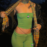 Summer Suit Embroidery Tube Top And High Waist Drawstring Bell-bottomed Pants Two-piece Set