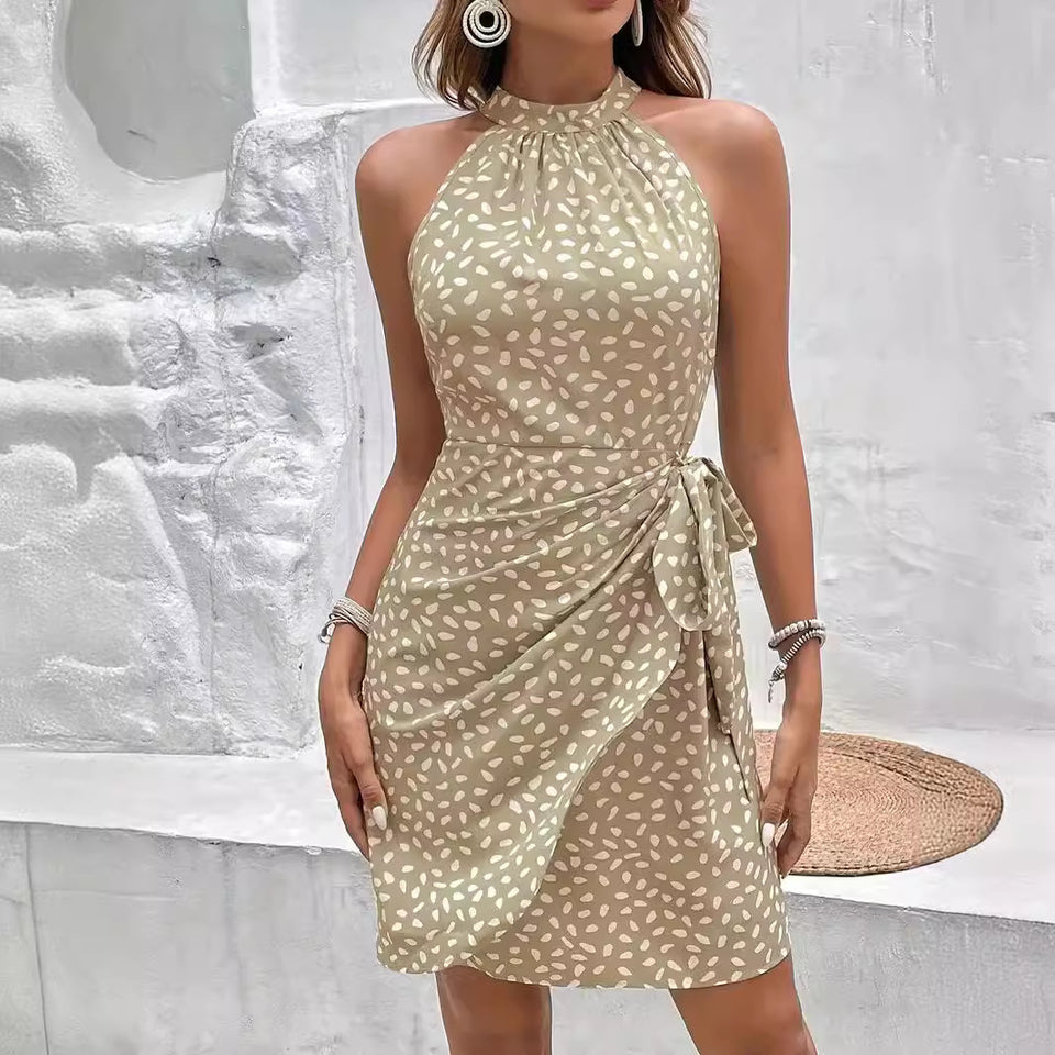 Summer Halter Neck Printed Dress With Tied-Waist Design Ladies Dress