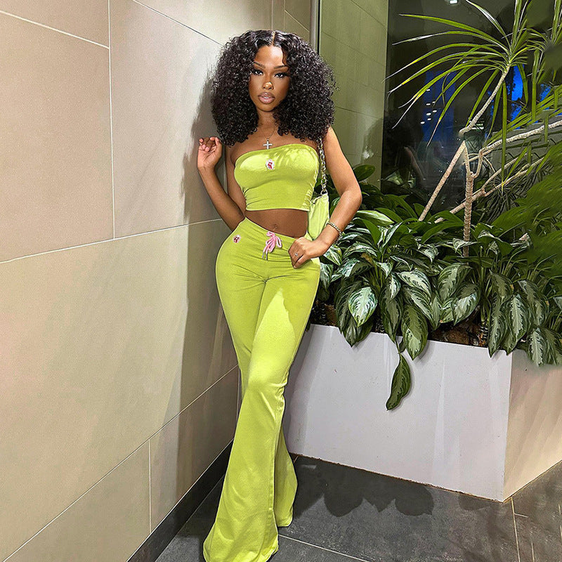 Summer Suit Embroidery Tube Top And High Waist Drawstring Bell-bottomed Pants Two-piece Set