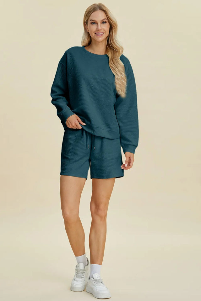 Double Take Full Size Texture Round Neck Long Sleeve Top And Shorts Set