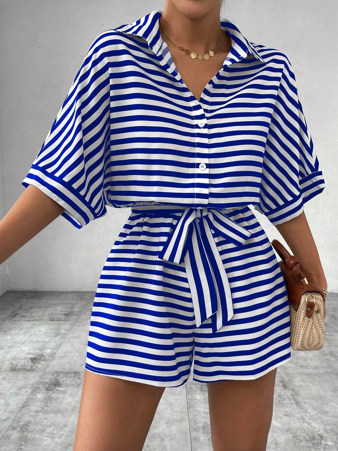 Striped Lapel Cardigan Button Half Sleeve Belt Shorts Suit Jumpsuit