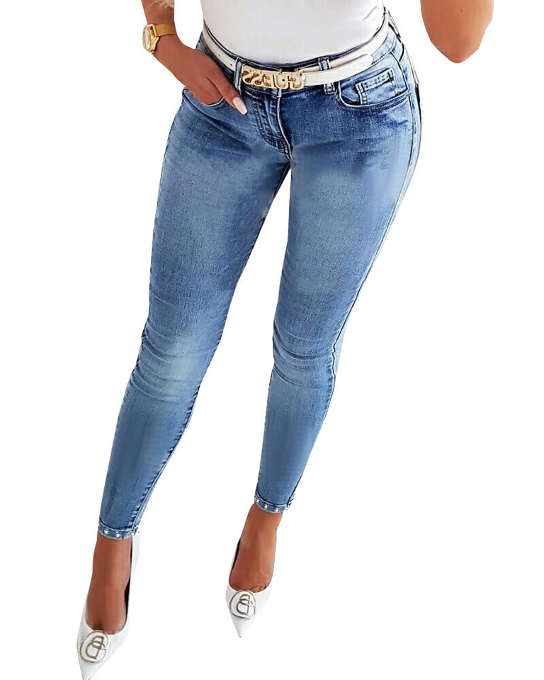 Women's Jeans Trendy High Waist Beaded Skinny Tapered Pants