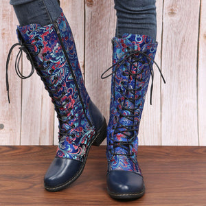 Flowers Print Long Boots WInter Retro Ethnic Style Shoes Lace-up Heeled Boots Women