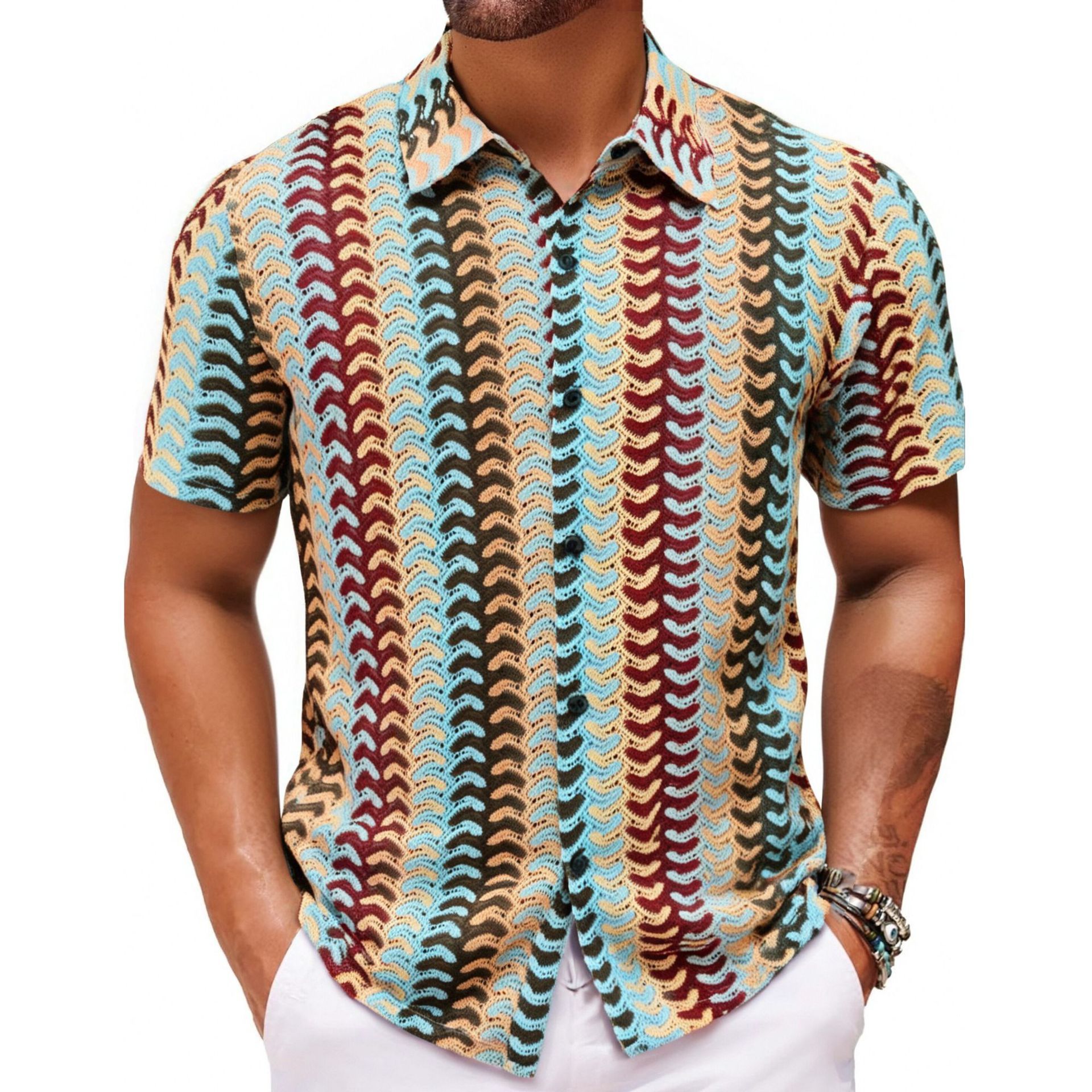 Summer New Colorful Hollow Breathable Short Sleeve Shirt