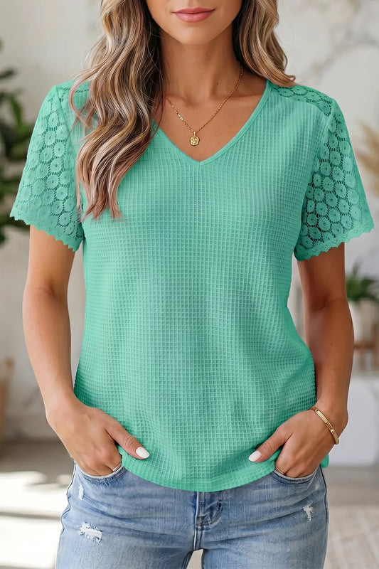 Shop Lace Splicing Button Cutout V Neck Waffle Knit Blouse - Women's Fashion | Akatonbo