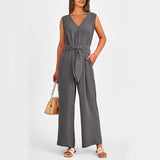 New V-neck Sleeveless Long Jumpsuit With Pockets And Lace-up Design Wide-leg Straight Trousers Summer Womens Clothing