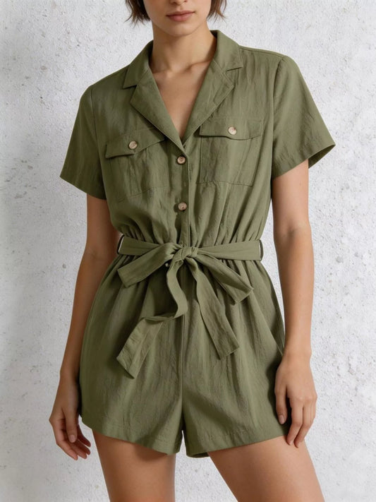Shop Tie Waist Short Sleeve Romper - Women's Fashion | Akatonbo