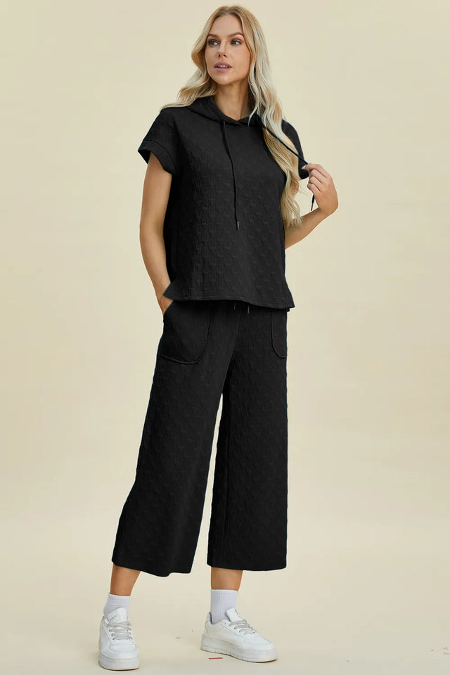 Double Take Full Size Texture Drawstring Short Sleeve Hoodie And Pocketed Pants Set