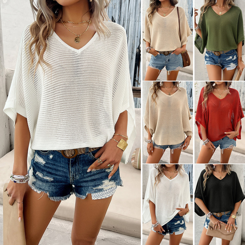 V-neck Bat Sleeve Short-sleeved Knit Top Summer Casual Top