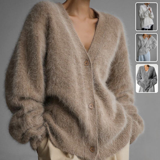 Cárdigan Suelto con Botones en V para Otoño Invierno Moda de Un Solo Botón Suéter de Punto para Mujer Ropa de Mujer