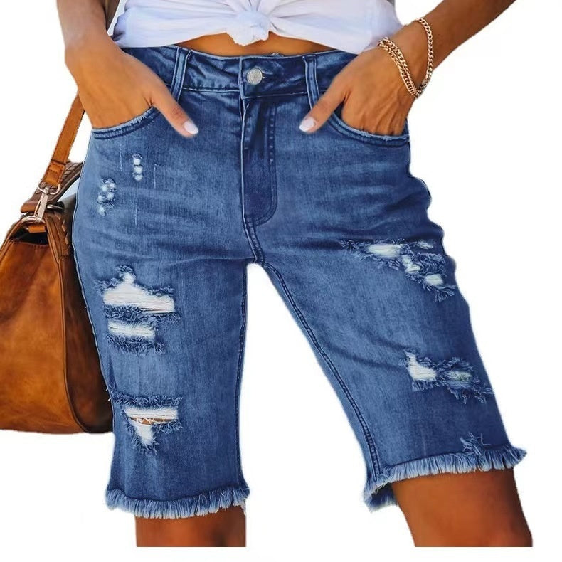 Pantalones recortados de mezclilla rasgados con borlas de talle medio ajustados de verano para mujer