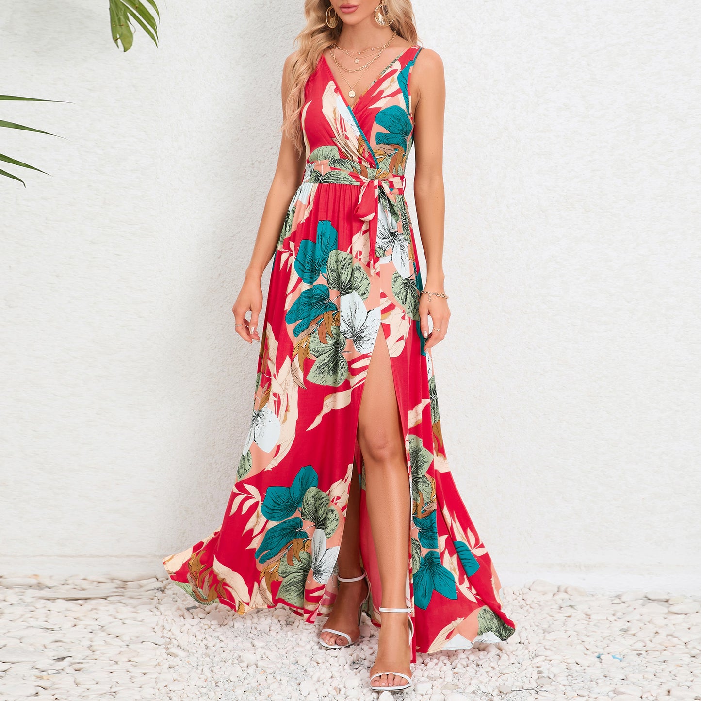 Akatonbo V-Neck Floral Print Long Dress Summer Fashion Waist Tie Slit Design Sleeveless Dress For Womens Clothing