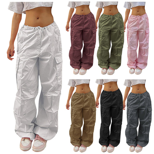 Akatonbo Casual Cargo Pants For Women Solid Color Drawstring Pocket Design Fashion Street Trousers Girls