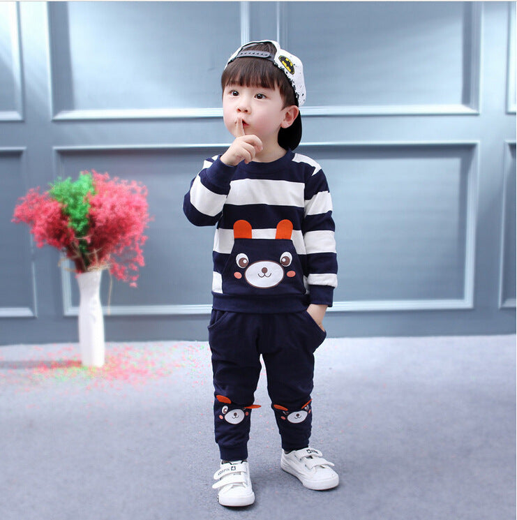 Children's Clothing Suit Boys And Girls Baby Cartoon Bear Striped Sweater Suit Children