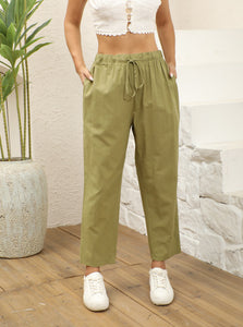 Women's Drawstring Elastic Cotton And Linen Casual Cropped Pants