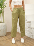 Women's Drawstring Elastic Cotton And Linen Casual Cropped Pants