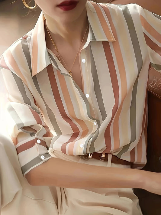 Camisa Informal Versátil Estampada a Rayas de Manga Larga para Mujer
